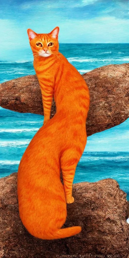 Prompt: orange tabby cat sitting on a rock looking over the ocean, tarot card