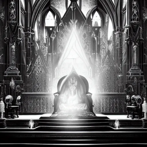 Image similar to an ultra detailed black and white tarot card of the evil patriarch with pitch black eyes wearing his royal robes and sitting imperiously on his throne high in the cathedral, concept art, incense smoke drifting through the air, portrait, artstation, volumetric lighting, exquisite detail, octane render, 8 k postprocessing, art by john collier and albert aublet