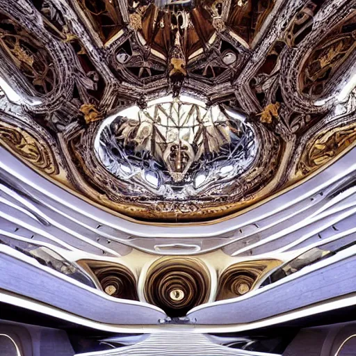 Image similar to Mars art center designed by Zaha Hadid with baroque elements. Ultra futuristic design that combines ornate baroque with clean organic forms.. Beautiful, enormous space with epic details