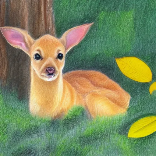 Prompt: a yellow fawn in a forest near a yellow leaf, colorful drawing, pencil