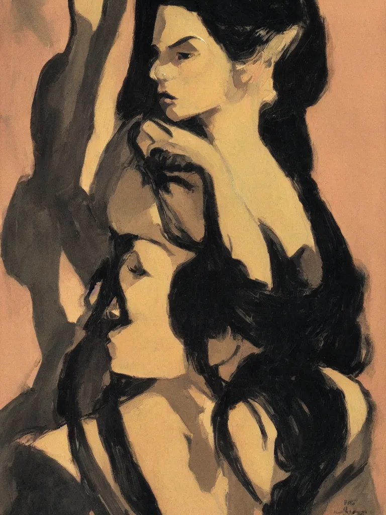 Image similar to portrait profile of one mysterious dark beautiful women in 1 9 7 8, oil painting by john watkiss