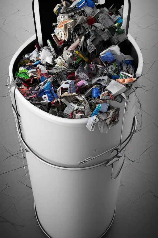 Prompt: trash bin 3 d with a revolution written in the trash bin, ultra realistic, concept art, intricate details, highly detailed, photorealistic, octane render, 8 k