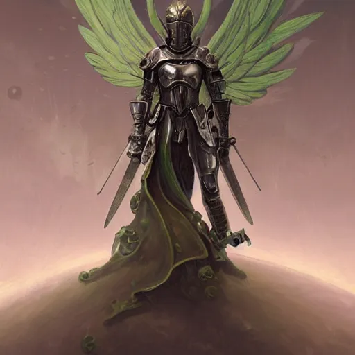 Image similar to illustration, armored angel knight in Phthalo metallic green armor with knight helmet, inhumanly long and thin limbs, fallen angel, Barthin, by Peter Mohrbacher, hyper detailed, otherworldly, octane rendered, fantasy, heavenly