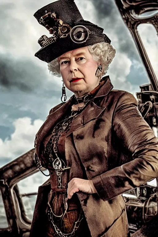 Image similar to steampunk queen elizabeth in mad max fury road