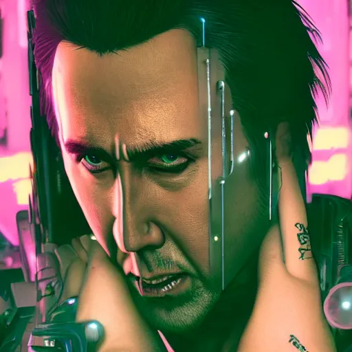 Prompt: nicolas cage portrait, cyberpunk 2 0 7 7, cyberpunk v, rogue amendiares, photorealistic, ultra detailed, neon, octane, bokeh, cinematic lighting, cyber, cyberpunk city, studio quality, feature, scars, cyberface, 8 k