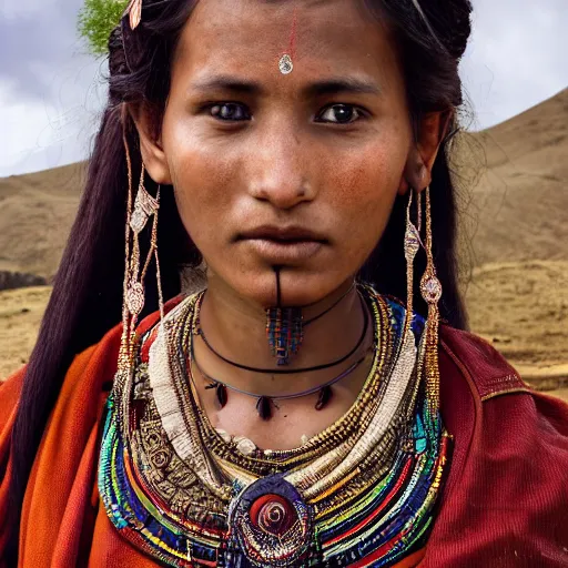 Image similar to portrait of a stunningly beautiful nepali tribal female, depth of field, zeiss lens, detailed, symmetrical, centered, fashion photoshoot, by Annie Leibovitz and Steve McCurry, David Lazar, Jimmy Nelsson, Breathtaking, 8k resolution, extremely detailed, beautiful, establishing shot, artistic, hyperrealistic, beautiful face, octane render