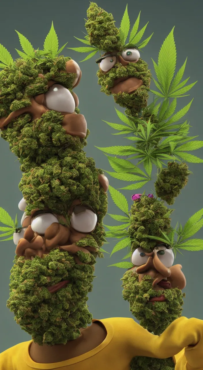 Image similar to funny marijuana character made from a bud, like iamgrout, in an 8k render, photorealistic, with high detail, rendering with octane + ray tracing - illumination, very sharp, ultra sharp, focused