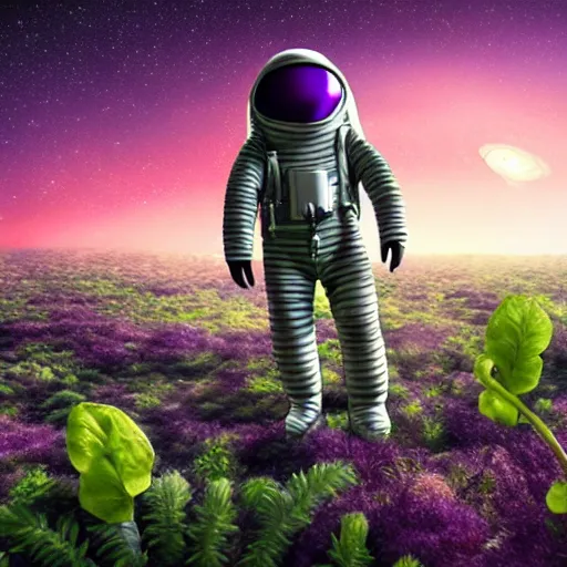 Prompt: lonely astronaut in alien planet filled with plants, with beautiful purple sky, realistic, 4 k, ultra hd