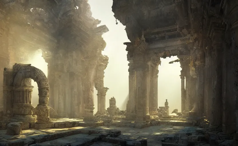 Prompt: The interior of an mytical and ancient temple in ruins, intricate, elegant, volumetric lighting, digital painting, highly detailed, artstation, sharp focus, illustration, concept art, ruan jia, steve mccurry