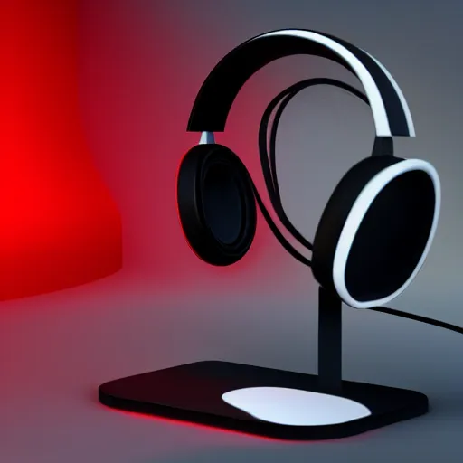 Image similar to wireless headphone stand, futuristic, techno, cyberpunk, product design, render, concept, fun, geometric