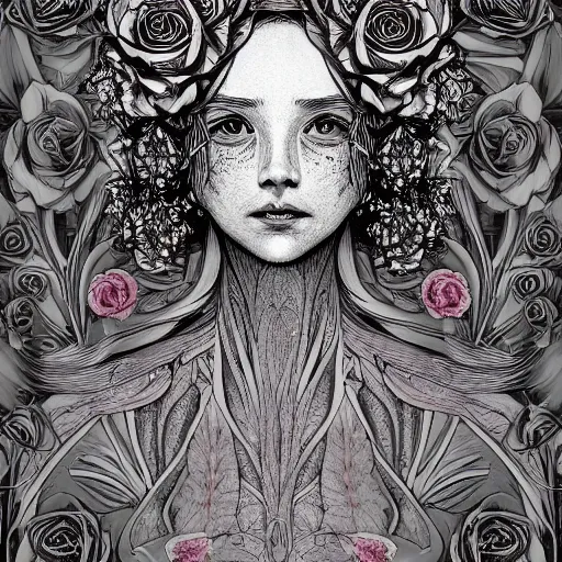 Image similar to the anatomy of a head of lettuce with roses that resemble a beautiful young wise woman, an ultrafine detailed illustration by james jean, intricate linework, bright colors, final fantasy, behance contest winner, vanitas, angular, altermodern, unreal engine 5 highly rendered, global illumination, radiant light, detailed and intricate environment