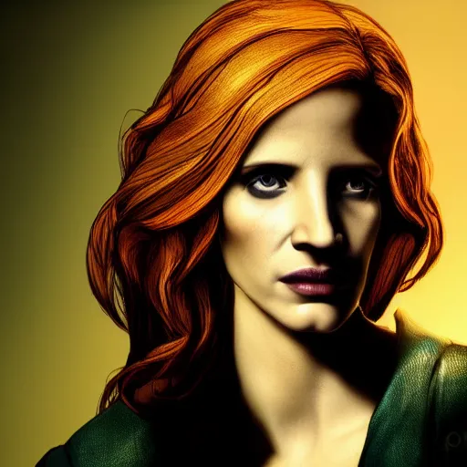 Image similar to jessica chastain portrait, borderlands, tales from the borderlands, the wolf among us, comic, cinematic lighting, studio quality, 8 k