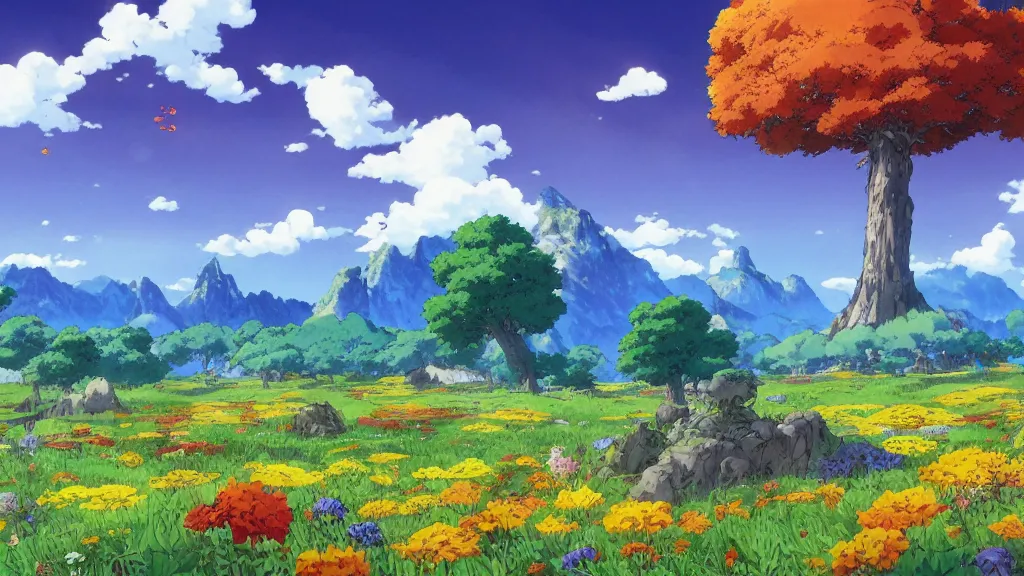 Image similar to fantastic anime sunny meadow with flowers, lone old Oak in the middle plane and mountains on the background, by Hayao Miyazaki, nausicaa of the valley of the wind, studio Ghibli style, Anime wallpaper, stunning