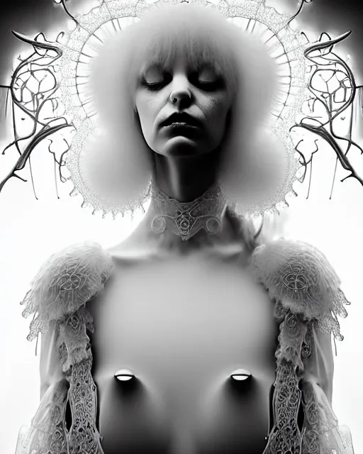 Prompt: dreamy foggy soft luminous bw art photo taken in 2 1 0 0, beautiful spiritual angelic biomechanical mandelbrot fractal albino girl cyborg with a porcelain profile face, very long neck, halo, white smoke atmosphere, rim light, big leaves and stems, fine foliage lace, alexander mcqueen, art nouveau fashion pearl embroidered collar, steampunk, elegant