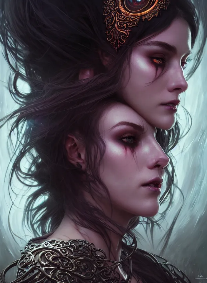 Image similar to Necromancer Sorceress face close-up macro in center, fantasy magic, undercut hairstyle, dark light night, intricate, elegant, sharp focus, illustration, highly detailed, digital painting, concept art, matte, art by WLOP and Artgerm and Greg Rutkowski and Alphonse Mucha, masterpiece