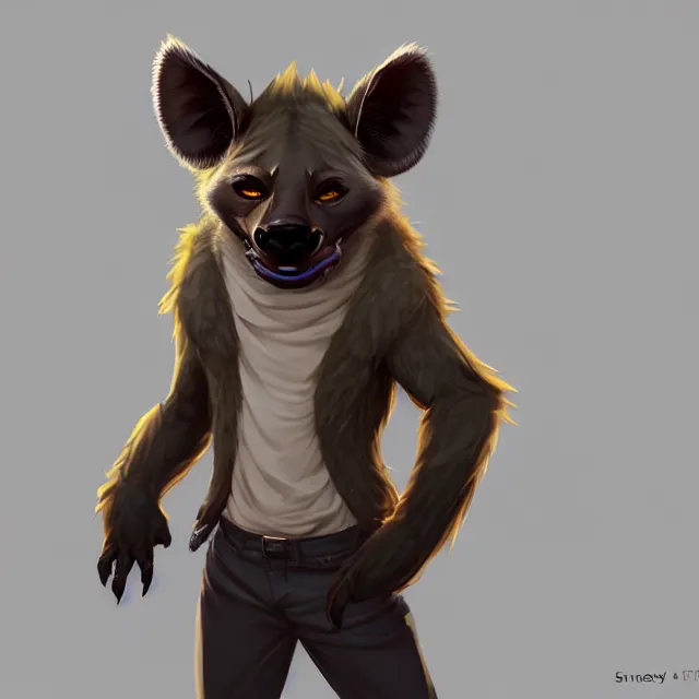 Image similar to character concept art of a male anthropomorphic furry hyena | | cute - fine - face, pretty face, key visual, realistic shaded perfect face, fine details by stanley artgerm lau, wlop, rossdraws, james jean, andrei riabovitchev, marc simonetti, and sakimichan, trending on artstation