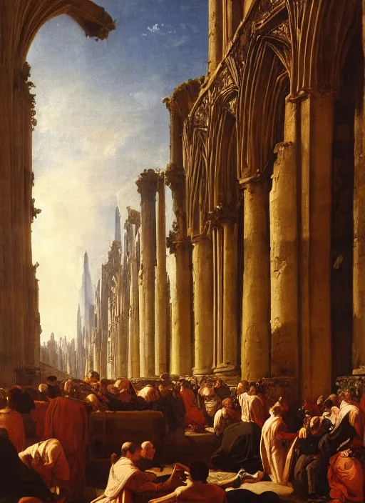 Image similar to lisabeth louise vigee - le brun large crowd of medieval monks gathered at giant gothic ruins cathedral and raising a magical glowing spirit, old master painting with stunning lighting and details photoreal dusk sun lit light