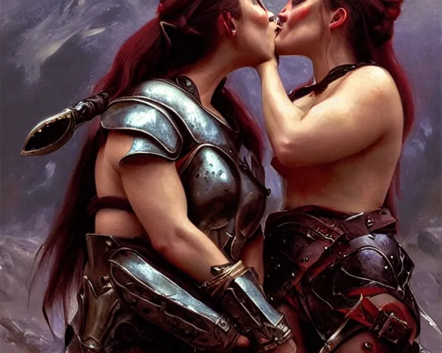 Image similar to romantic fantasy oil painting portrait of two female orc warriors kissing, wearing leather armor. fantasy art by greg rutkowski and john singer sargent