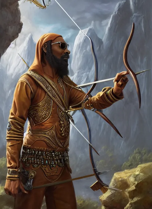 Image similar to snoop dogg as an archer, short beard, grumpy, Ivan Aivakovsky, Boris Vallejo, epic fantasy character art, D&D Concept Art, full length, Realistic, Regal, Refined, Detailed Digital Art, Oil Paining, Exquisite detail, post-processing, masterpiece, Cinematic Lighting, Unreal Engine, 8k, HD, Stanley Artgerm Lau, WLOP, Rossdraws, Frank Frazetta, Andrei Riabovitchev, Marc Simonetti, trending on artstation,