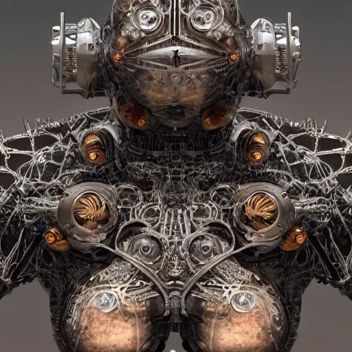 Prompt: robot made of fractals by igor goryunov. Chrome surfaces. Darkscifi inspired by giger. Hyperdetailed maximalist intricate omnious. Houdini3d. rending on artstation | Rendered in Cinema4D | 8K 3D | CGSociety | ZBrush | volumetric light | luminous | mechanic | steampunk | cinematic