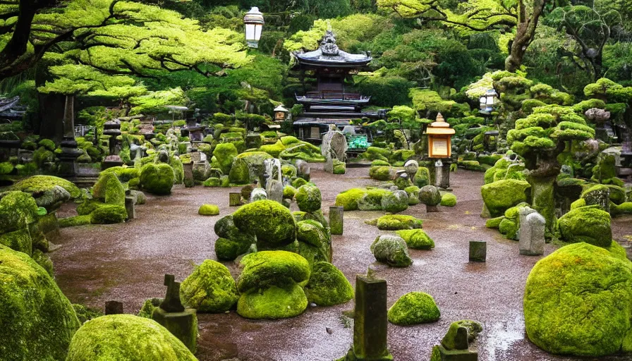 Prompt: A magical dreamy garden in front of a large temple in Kyoto Japan on a rainy day. Moss covered rocks, glowing lanterns, and flowers line a beautiful walking path leading to the temple in the center. Magic sparkles in the air, Style by Gucci and Wes Anderson,