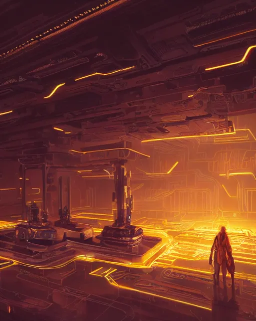 Prompt: cult of technology, exterior of scifi temple, machines, robots, ultra realistic, golden computers, highly detailed, atmosphere, masterpiece, epic lighting, glowing wires, transparent objects, mysterious, highlighted, 4 k, cinematic, art by patryk olkiewicz and chris ostrowski and liang yao