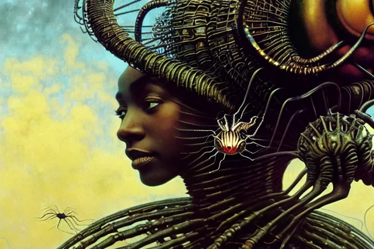 Image similar to realistic detailed photorealistic closeup portrait movie shot of a beautiful black woman riding a giant spider, dystopian city landscape background by denis villeneuve, amano, yves tanguy, alphonse mucha, ernst haeckel, jean delville, david lynch, edward robert hughes, roger dean, cyber necklace, rich moody colours, cyber patterns, wide angle