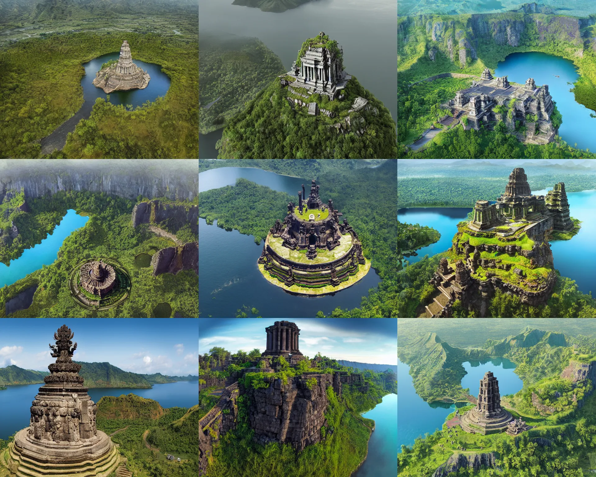 Prompt: digital concept art,aerial drone wide view of Garuda Wisnu Kencana monument in the middle of Lake Batur by Bernhard Edmaier,structural geology,geomorphology,photorealistic,hq,realistic,unreal engine,8k