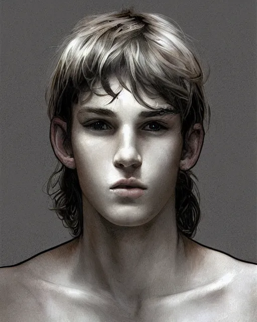 Image similar to portrait a 1 5 - year - old boy, with slender, smooth sleek white - blond hair, cold grey eyes, a pale complexion with sharp and pointed features, wearing black clothes, hyper realistic face, beautiful eyes, close up, fantasy art, in the style of greg rutkowski, intricate, alphonse mucha, hyper detailed, smooth