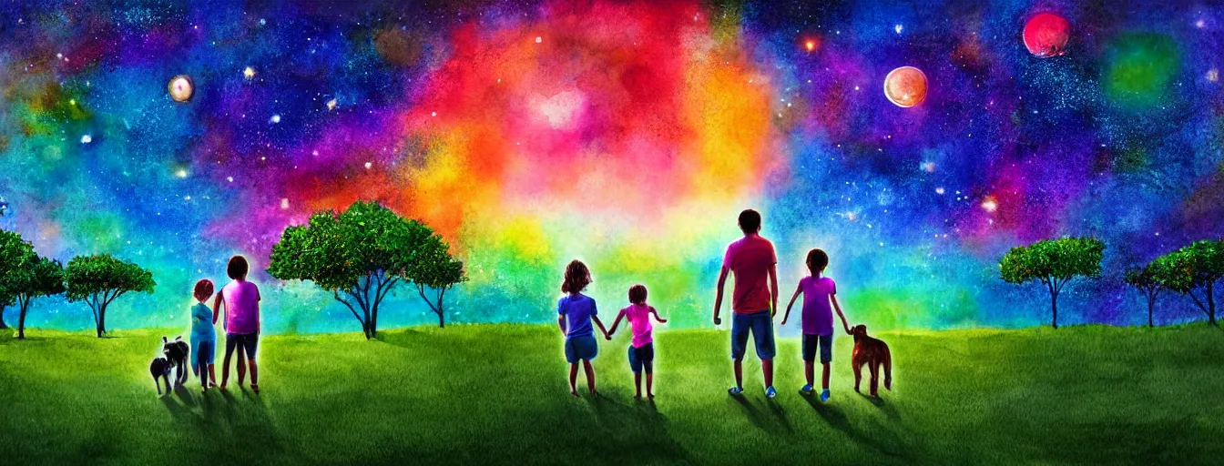 Prompt: rear view of a young couple and a kid standing in a small green planet, holding hands and a dog sitting next to them, looking to the night sky displaying an entire colorful universe, digital art, epic, colorful, highly detailed, watercolor