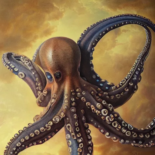 Prompt: an octopus with wings flying with birds, oil on canvas, portrait, intricate, 8k highly professionally detailed, HDR, CGsociety