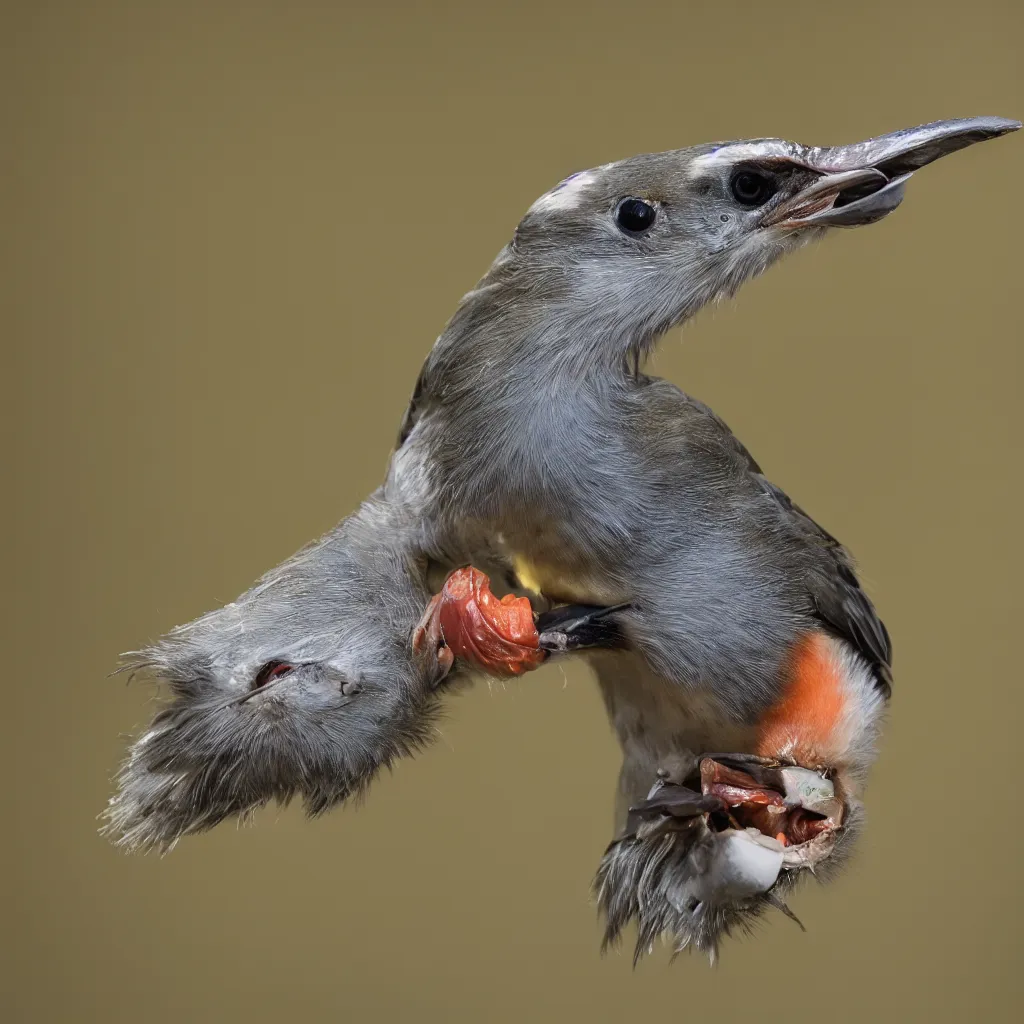 Image similar to photo of a bird holding a knife in it's mouth, ultra high detail, 8 k, ambient lighting, nature photograph, 3 5 mm lens, award winning photography.