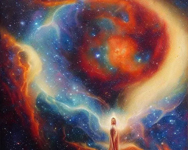 Prompt: cosmic person nebula, an oil painting, by ( leonardo da vinci ) and greg rutkowski and rafal olbinski ross tran airbrush time magazine