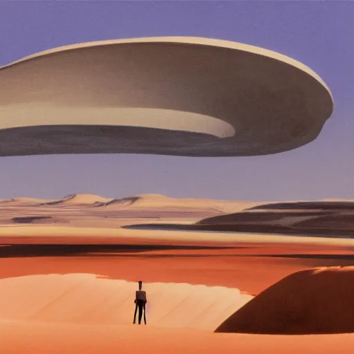 Prompt: a syd mead and ralph maquarrie style matte painting of a spiral building standing on a huge crater in tropical desert