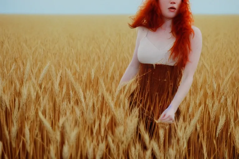 Prompt: sensual redhead girl running through the wheat field, soft light, 35mm film