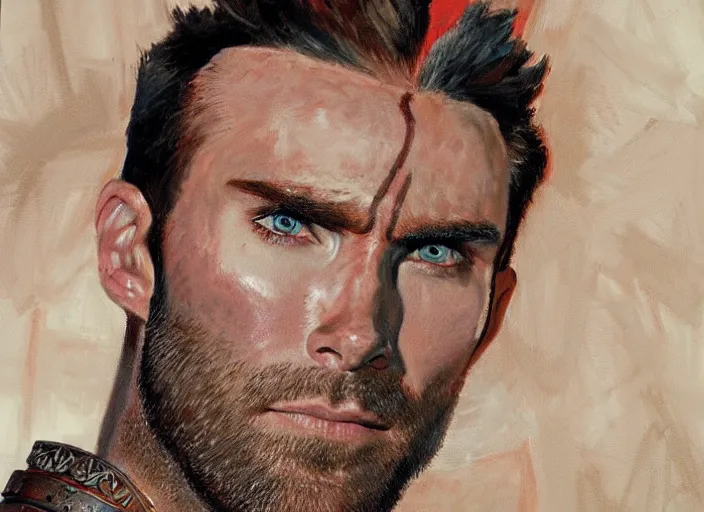 Image similar to a highly detailed beautiful portrait of adam levine as kratos, by gregory manchess, james gurney, james jean