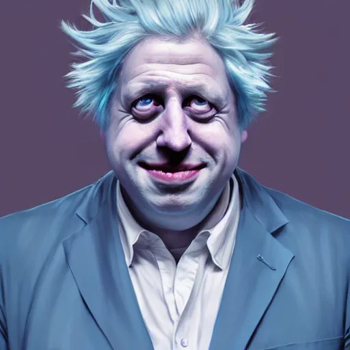 Image similar to Boris Johnson as a kind smiling Rick Sanchez from Rick and Morty, unibrow, white robe, big eyes, realistic cosplay, symmetrical, highly detailed, digital painting, artstation, concept art, smooth, sharp focus, illustration, cinematic lighting, art by artgerm and greg rutkowski and alphonse mucha