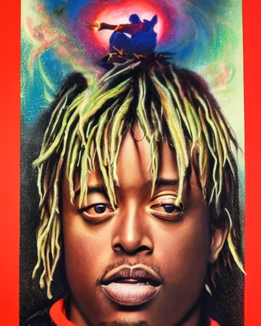 Prompt: juice wrld, airbrush, drew struzan illustration art, key art, movie poster