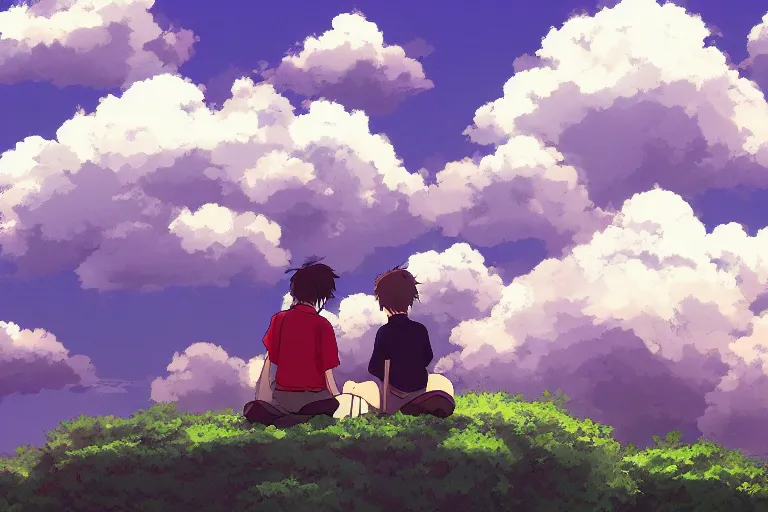 Image similar to clouds in the style of studio ghibli and makoto shinkai