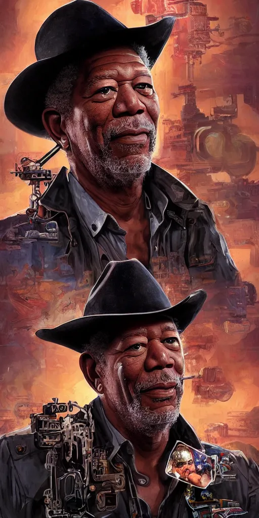 Prompt: portrait of morgan freeman, high - tech cowboy by sandra chevrier, detailed render, epic composition, cybernetics, 4 k realistic, cryengine, realistic shaded lighting, sharp focus, masterpiece, by matteo scalera, gary montalbano, peter elson in the style of the tokyo ghost comic,