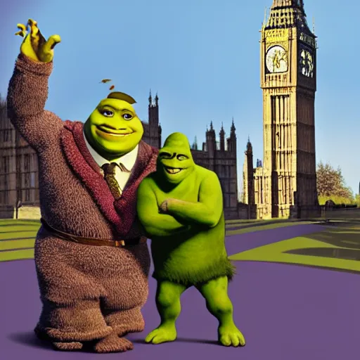 Image similar to shrek with a hammer next to the big ben