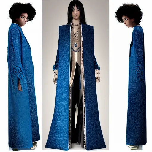 Image similar to fashion 2 0 5 0 fantastic openwork long coat with intricate pattern on a beautiful symmetrical girl with blue hair, hyper realistic photos