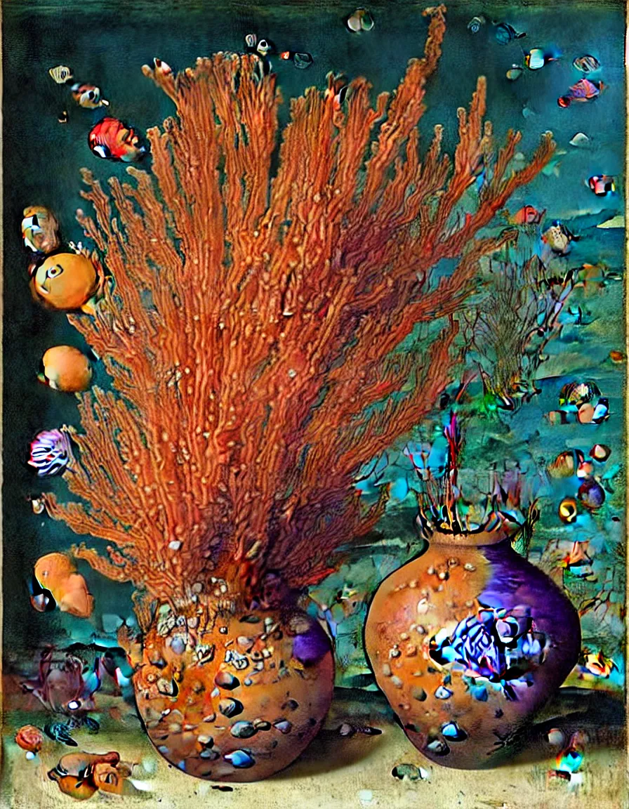 Image similar to bottle vase of coral under the sea decorated with a dense field of stylized scrolls that have opaque outlines enclosing mottled blue washes, with orange shells and purple fishes, ambrosius bosschaert the elder, oil on canvas, surrealism