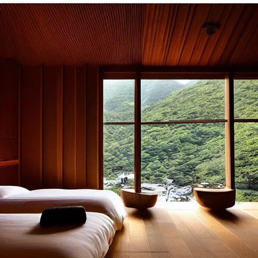 Image similar to “extravagant luxury mountain hotel, in hakone, by Tadao Ando and Kuma Kengo, modern rustic”