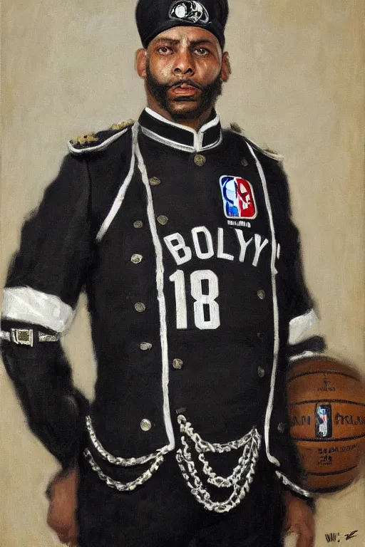 Image similar to full body portrait of the dictator of the brooklyn nets, 1 8 8 9, in full military garb, black, silver, oil on canvas by william sidney mount, trending on artstation