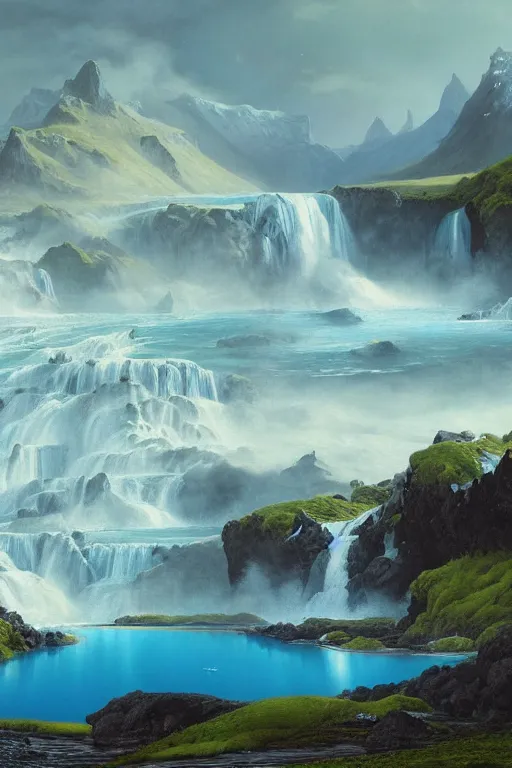 Prompt: painting of iceland landscape with a blue glacier lake and a waterfall, green moss and black rocks and black sand, a large ufo crashed in the mountain, a detailed matte painting by christophe vacher, matte painting, ultra detailed, matte drawing