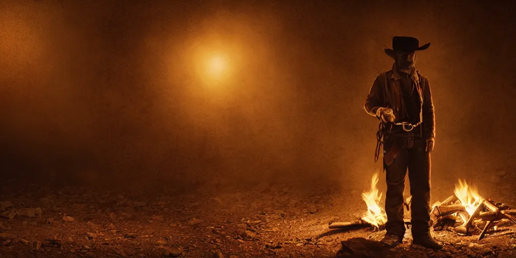 Prompt: portrait of rugged bandit cialien murphy ( ( alone ) ) in the old west, handcuffed by shackles at a campfire, ( ( dead body ( alone ) ) on the ground, volumetric lighting, cinematic, dark, grim