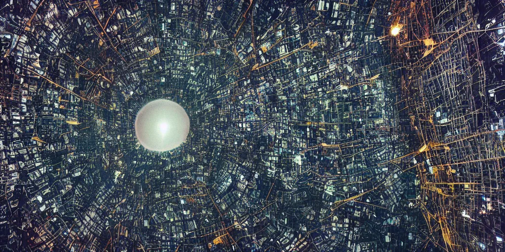 Image similar to vintage color photo of cosmic NYC broken physics skyrise vista, microscopy, lone survivor, singularity, black hole, , f22, ISO 100