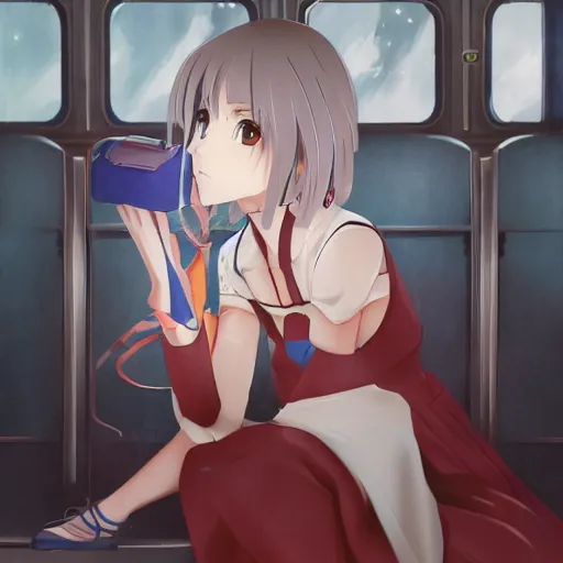 Image similar to portrait of the lone girl sitting in train carriage, anime fantasy illustration by tomoyuki yamasaki, kyoto studio, madhouse, ufotable, trending on artstation