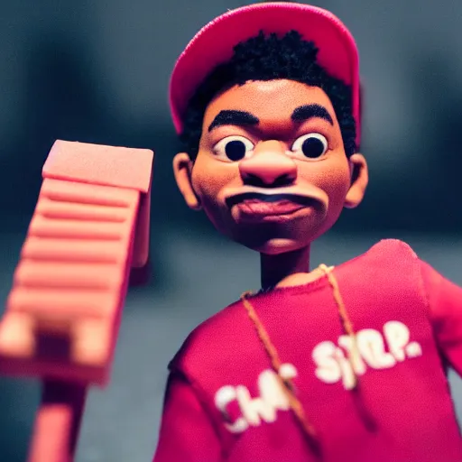 Image similar to a cinematic film still of a claymation stop motion film starring chance the rapper as a college student, shallow depth of field, 8 0 mm, f 1. 8